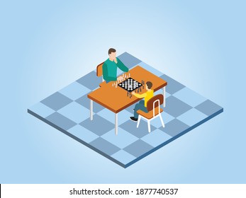 Father plays chess with son isometric 3d vector concept for banner, website, illustration, landing page, flyer, etc.