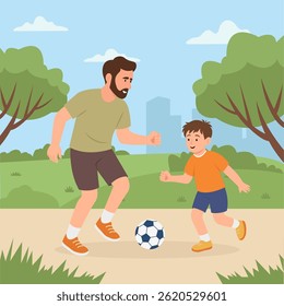 Father plays football with son in park. Dad and son. Family recreation. Vector Illustration
