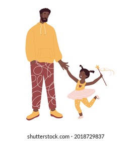 Father plays with little princess daughter. Flat style in vector illustration. Family day, child education, single father, black skin people, daddy love his kid, golden star, ballerina. Isolated.