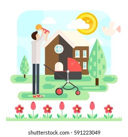 Father plays with the small child. Landscape on the background of the house with a baby carriage. Father and daughter. Flat design.