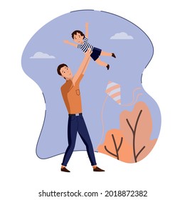 Father plays with son, throws him up. Against the background of sky, trees and flying snake. Concept of fatherhood, care and upbringing of children. Color vector illustration flat style.