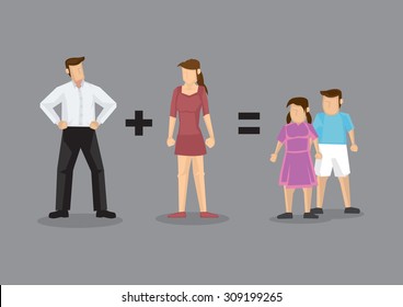 Father plus mother equal children. Creative vector illustration for family concept isolated on grey background.