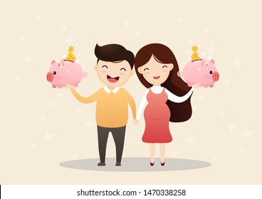 A father and pregnant mother to be holding a piggy bank. saving money. Saving money for future. vector, illustration.
