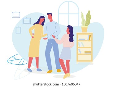 Father, Pregnant Mother and Daughter at Home. Smiling Parents and Adult Daughter Expecting for Baby Born. Successful Parenthood and Happy Family Life. Vector Cozy Living Room Interior Illustration