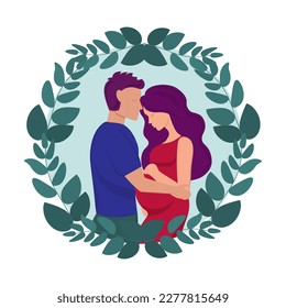 Father and pregnant wife hugging. Vector illustration.