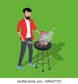 Father preparing barbecue design flat. Dad prepares a barbecue isolated on a green background. Vector illustration
