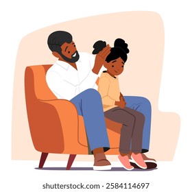 Father preparing pretty little daughter for party holiday brushing and tying her hair cartoon scene. Happy parenthood and childhood, bonding and adorable loving relationships vector illustration