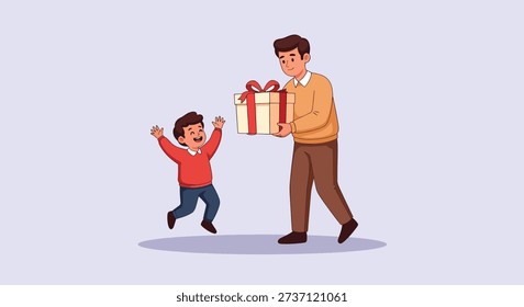 A father presents a wrapped gift to his overjoyed son, who jumps with excitement.