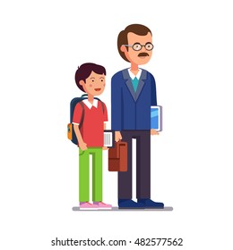 Father professor or school teacher standing with his son or student. Both holding tablet computers and smiling. Flat style modern vector illustration isolated on white background.