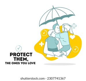 father protect the children by insurance, holding umbrella kids underneath