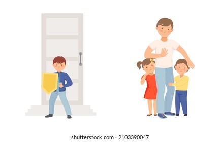 Father protecting his children doing stop sign gesture. Cute little boy protecting his home vector illustration