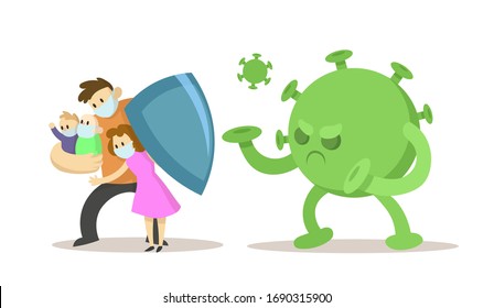 Father protecting his wife and children big from green virus with a shield. Quarantine situation, Covid-19 virus pandemic. Flat vector illustration, isolated on white background.