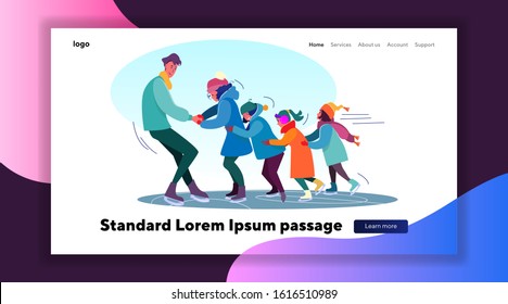 Father pulling forward daughters on skating rink. People skating holding each other flat vector illustration. Winter outdoor activities, family concept for banner, website design or landing web page