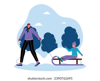 Father pulling his son using a board to skate using a rope, spending time with family, winter vector illustration.