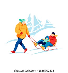 Father pulling sled with children sitting on it. Family in warm outfit spending time together and enjoying active recreation on winter holidays. Winter outdoor activities cartoon vector illustration