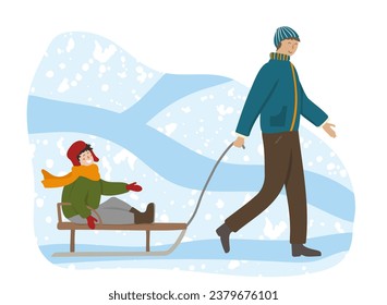 Papá tirando del trineo con un niño. Hombre feliz y niño sonriente en el trineo disfrutando de actividades al aire libre en invierno. Ilustración vectorial de dibujos animados planos. Padres e hijos pasan tiempo libre juntos en parque de nieve