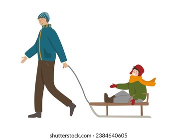 Father pulling sledge with kid. Happy man and smiling child on sled enjoying winter outdoor activity. Flat cartoon vector illustration. Parent and son spending leisure time together isolated on white