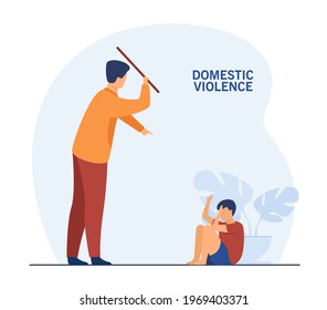 Father punishing his child at home. Flat vector illustration. Man punishing his son for wrongdoing, holding stick in his hands, swinging at frightened child. Domestic violence, family abuse concept