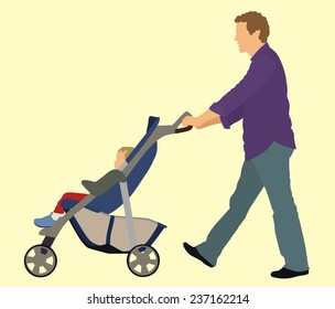 Father Pushing His Child In Stroller