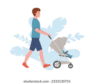 Father pushing walking stroller with a newborn baby, flat vector illustration isolated on white background. Comfortable carriage and stroller for children.