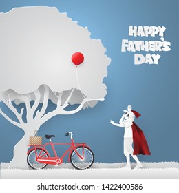 Father raised his son to ride his head to take the balloon on the tree and Red Bicycle under the gray tree.My daddy is my hero, Father's Day concept,paper craft style