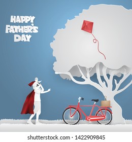 Father raised his son to ride his head to take the red kite on the tree and in the sky.My daddy is my hero, Father's Day concept,paper craft style