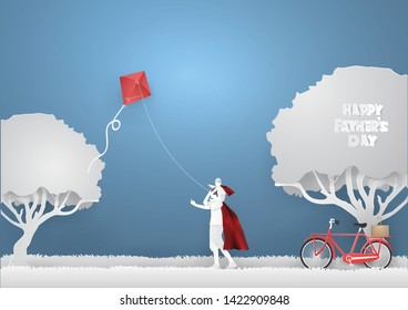 Father raised his son to ride his head to  
Playing kite on  the sky.My daddy is my hero, Father's Day concept,paper craft style