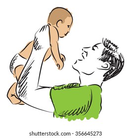 father raising baby illustration