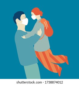 Father raising up daughter wearing white medical mask. Prevent coronavirus COVID-19, quarantine. Vector illustration. EPS 10.