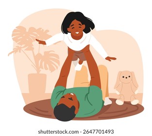 Father raising his playful laughing daughter child while spending time together cartoon scene. Happy parent enjoying games with loving infant kid vector illustration. Fatherhood and family bonding