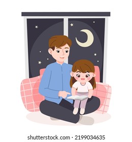 Father read book bed to daughter before sleep on night