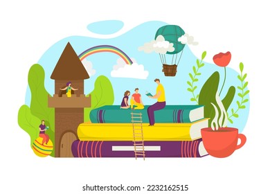 Father read book for cartoon child, vector illustration. Happy family, dad man character tell fairy tale to kids, cute childhood concept.