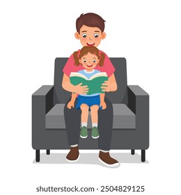 Father read book with his daughter sitting on couch
