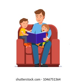 Father read book to kids brothers sitting in big armchair together. Little sons enjoying a book story with father. Parenting and children education. Flat style character isolated vector illustration