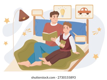 Padre leyó con su hijo. Hombre y niño sentados en la cama y leyendo libros. Educación y formación, aprendizaje. Los padres pasan tiempo con su hijo. Aficiones y ocio. Ilustración vectorial plana