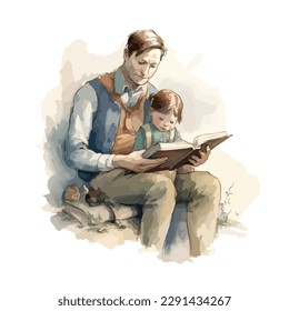 Father read a storybook for his child in watercolor illustration for father's day