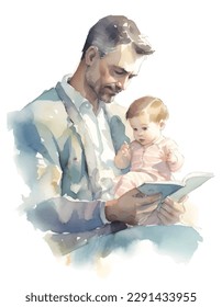 Father read a storybook for his kid in watercolor illustration for father's day