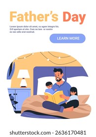 Father reading bedtime story to children family bonding cozy bedroom warm colors lamp nightstand plants website banner