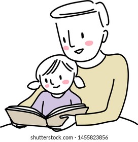 Father reading bedtime story with little child. Man reading a storybook to his cute daughter. Little girl reading a storybook together with her dad. Father spending happy family time with his child.