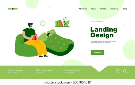 Father reading bedtime story to son. Child sleeping, man sitting with book flat vector illustration. Bedtime, family, parenting concept for banner, website design or landing web page