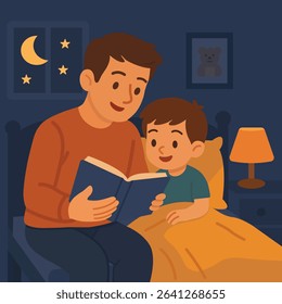 Father Reading Bedtime Story to Son - Flat Vector Illustration