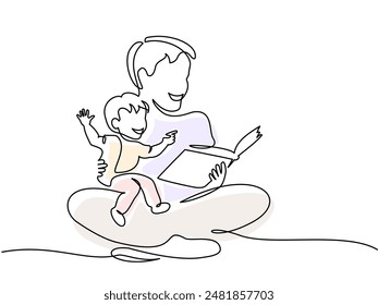 Father reading book to child son. Continuous one line drawing art. Vector illustration drawn in line art style