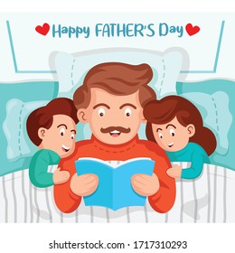 father reading a book to children in bed. happy father's day vector illustration