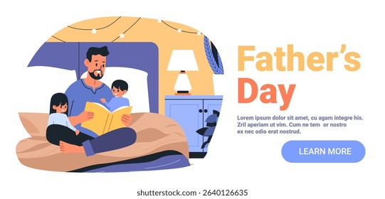 Father reading book to children bedroom family bonding cozy home interior lamp nightstand festive lights blue orange