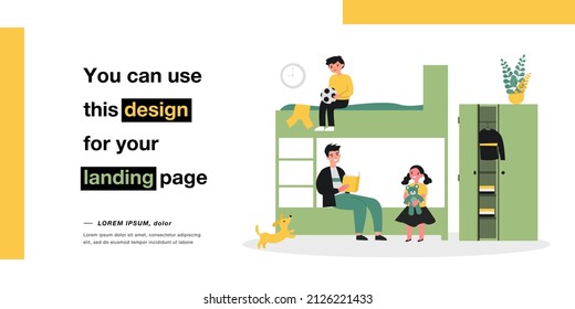 Father reading book to children in nursery. Man sitting on bed with daughter and son in room with toys flat vector illustration. Home education concept for banner, website design or landing web page