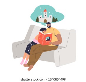 Father reading book with fairytales to little daughter sitting on couch and imagining fairy castles. Parents and kids leisure and spending time together concept. Vector illustration