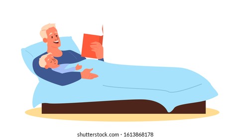 Father reading a book to his child. Child and parent in the bed. Dad and son spend time together. Isolated vector illustration in cartoon style