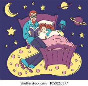 Father reading book to his daughter before she sleeps vector illustration