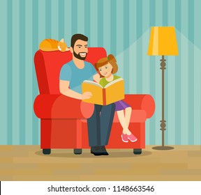 Father is reading a book to his daughter. Father and daughter are sitting in a chair. Vector flat style illustration