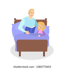 Father reading a book to his daughter. Child and parent in the bed. Dad and girl spend time together. Isolated vector illustration in cartoon style